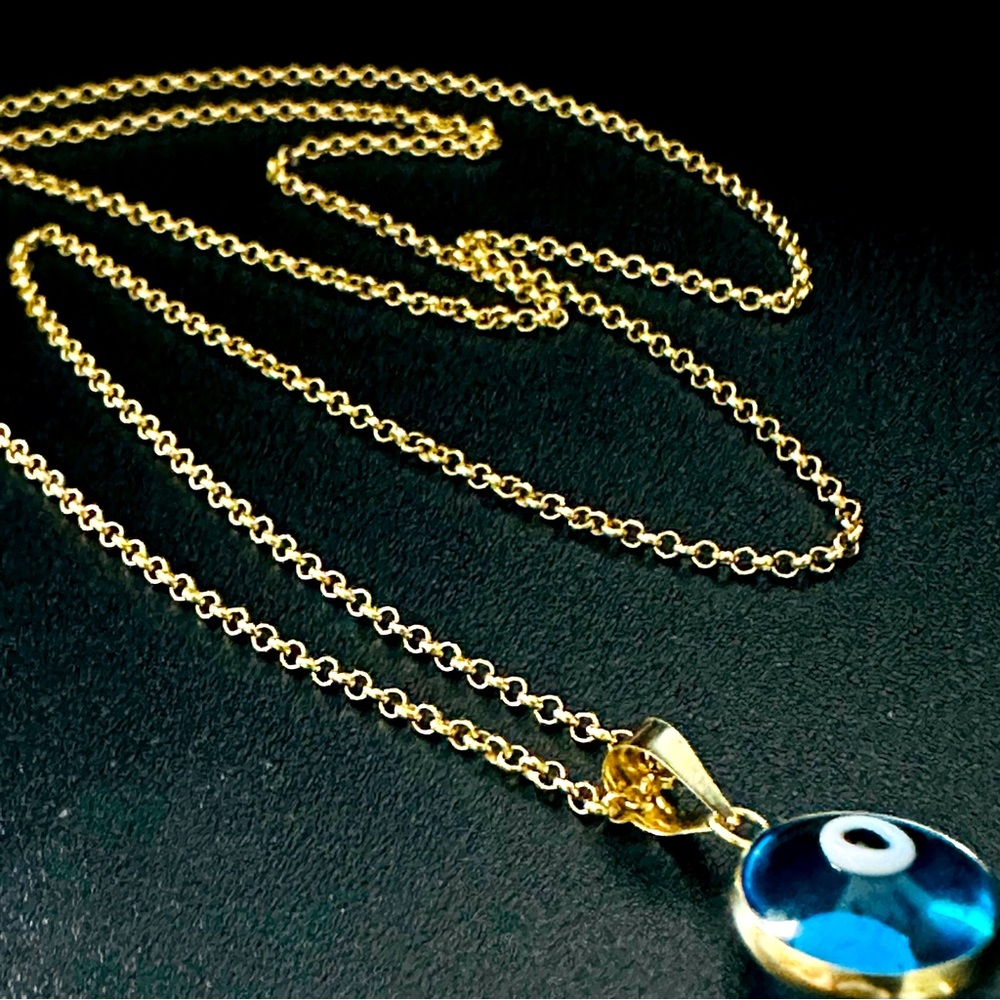 20”/1.3mm/14K Solid Gold Rolo Chain & 14K Gold evil eye beaded pendant. (2set)